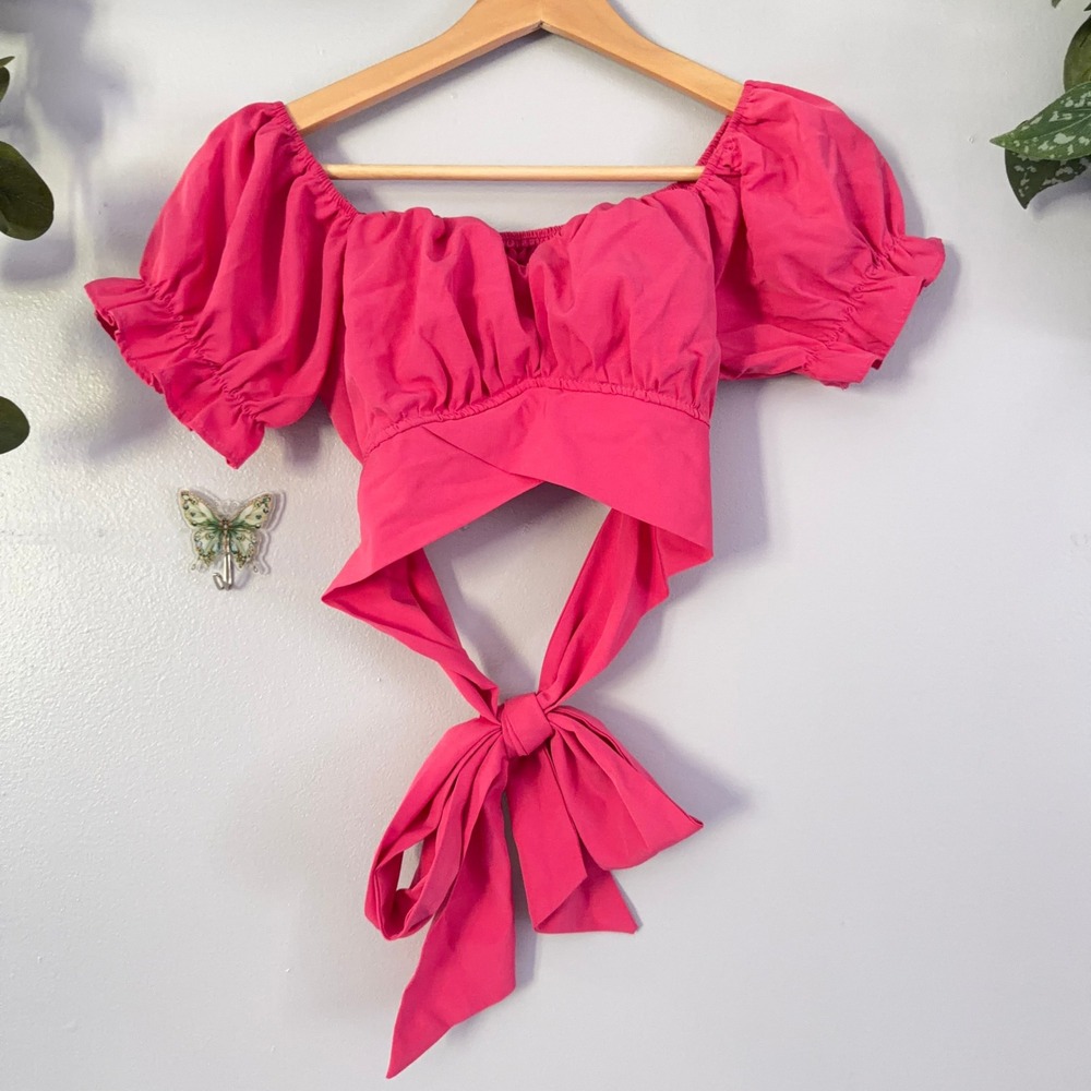 Lyaner Crop Top Hot Pink Coquette Barbie Off Shoulder Puff Sleeve Tie Back Wmn S